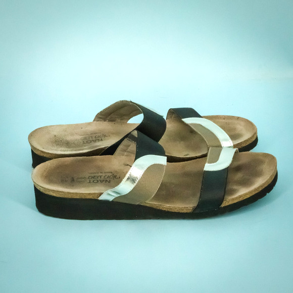 Naot 42 Size 11-11.5 Frankie Black Tan Silver Metallic Leather Slip On Sandals - Picture 3 of 6